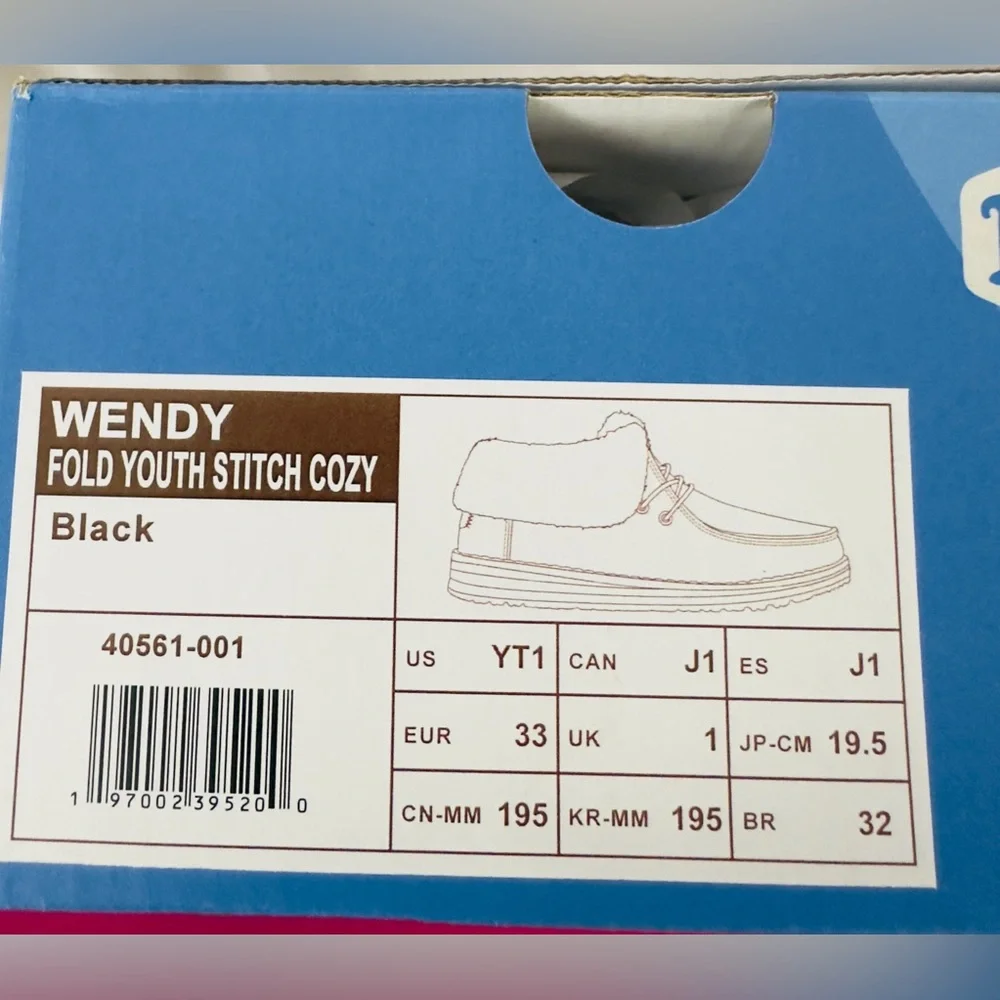 Hey Dude Wendy Black Fold Stitch Cozy Shoes Youth T (Little Girl) 1 New in Box!